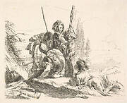 Three soldiers and a youth lying on his abdomen in a landscape, the soldiers bear armor and a flag, from the series 'The Capricci'