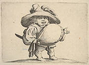 Small male figure in three-quarter view with outstreched left hand and right hand grasping sword at hip, from the series 'Varie figure gobbi'