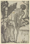 Naked man viewed from behind climbing a river bank, after Michelangelo