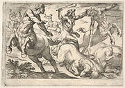 Hercules and the Centaurs: Hercules holds the head of a centaur with his left hand and raises his club with his right hand, in the foreground and background are fallen and fleeing centaurs, from the series 'The Labors of Hercules'