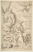 Rest on the flight into Egypt, Mary holding the infant Christ while St. Joseph hands him a fruit