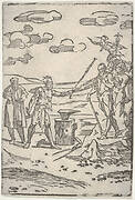 The forger standing by an anvil pulling a man in chains, from the series 'The various operations of alchemy'