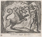 Plate 68: Hercules and Cerberus (Cerberum domat Hercules), from Ovid's 'Metamorphoses'