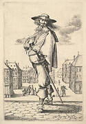 A gentleman, turned three-quarters to the left, wearing a hat and boots with spurs, carrying a sword in his belt, a town square in the background