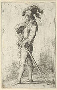 A warrior facing left wearing a plumed hat and holding a cane, from the series 'Figurine'