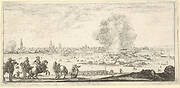 Plate 11: an attack on a city, horsemen in foreground, clouds of smoke and a cityscape in background, from 'Troops, cannons, and attacks on towns' (Dessins de quelques conduites de troupes, canons, et ataques de villes)