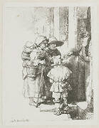 A blind hurdy-gurdy player and family receiving alms