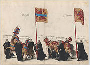 Plate 32: Men with heraldic flags and horses from Overijssel and Utrecht marching in the funeral procession of Archduke Albert of Austria; from 'Pompa Funebris ... Alberti Pii'