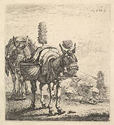 Two mules bearing panniers and outfitted with blinders, plumes, and tassels; one mule in three-quarter view and behind it a mule in frontal view; beyond a man mounted on a horse directs mules with a rod