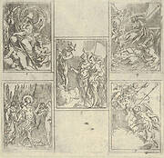 Five numbered scenes, each after a painter in the Accademia Degl'Incamminati, from IL FUNERALE D'AGOSTINO CARRACCIO FATTO IN BOLOGNA SUA PATRIA DAGL'INCAMINATI Academici del Disegno: 1. Virtue vanquishing Envy and Fortune, painted by Giulio Cesare Parigino; 2. Apollo and the Muses at the tomb of Agostino Carracci, painted by Luigi Valesio; 3. Mercury pointing to a constellation with the personification of Painting and that of the city of Bologna, Felsina, painted by Aurelio Benelli; 4. Personification of Painting being comforted by Poetry, and the personification of a river at right, painted by Lodovico Carracci; 5. Allegory of Knowledge and Vigilance chasing Envy out of Heaven, painted by Lorenzo Garbieri.