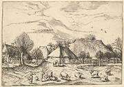 Farms, cattle with herdsmen and milkmaids in the foreground from Multifariarum casularum ruriumque lineamenta curiose ad vivum expressa