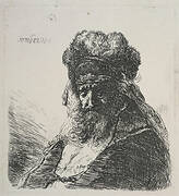 Bearded old man in a high fur cap, with eyes closed.