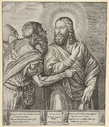 The Tribute Money: two Pharisees, one holding out a coin in his right hand, approach Christ from the left