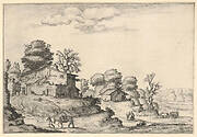 Landscape with peasant dwellings and a man leading a horse in the left foreground, from a series of landscapes dedicated to the Grand Duke of Tuscany