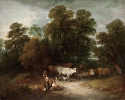 Wooded Landscape with Milkmaid, Rustic Lovers, Herdsman, and Farm Animals