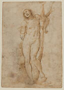 Saint Sebastian (recto); sketches of a male head and a standing figure in a short cape; a copy of the figure on the recto (verso)