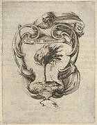 A cartouche with a tree blowing in the wind, a skull with drapery at top, bones to either side, from 'Eight Emblems for the Funeral of Francesco de Medici' (Huit emblèmes pour les funérailles du prince François de Médicis)