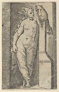 Woman with a winged head standing in a niche