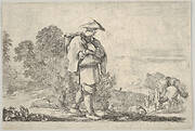 Plate 11: a peasant wearing a hat at center, walking towards the right, a horse descending a mountain to right in the background, trees to left in the background, from 'Twelve Landscapes' (Suite de douze paysages)