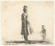 Plate 20: an old Polish nobleman wearing a plumed hat in center, standing in profile facing right, another Polish man to right in background, standing in profile facing left, from 'Diversi capricci'