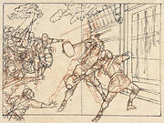 Drawing of soldiers battering a gate