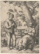 Peasant Couple beneath Tree with Dog