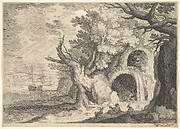 Ruined aqueduct with water spilling from it to a stream below, ships at sea beyond, a man reclining on the ground with three goats in the foreground, from the series 'Six landscapes in Tyrol' after Roelandt Savery