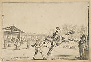 A riding school, a horseman with sword jumping directed by another man with a sword in center, a man standing next to his horse to right, various horsemen, the school, and two dogs in the background, from 'Varie figure'